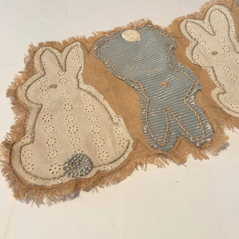 Shabby Chic Jute Bunny Table Runner Tan Blue Eyelet Easter Farmhouse 54x16